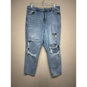 American Eagle Mom Jeans Women sz 14 Distressed Stretch Denim Blue HIgh Waist